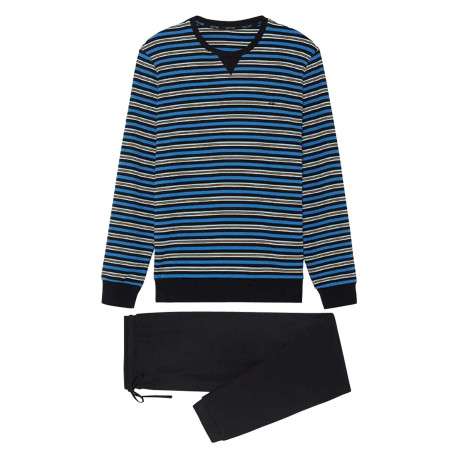 Pyjama long en coton bleu à rayures avec coupe fermée et col rond - Image 3