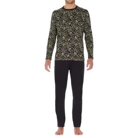 Pyjama long en coton noir imprimé jungle avec un col rond et coupe fermée