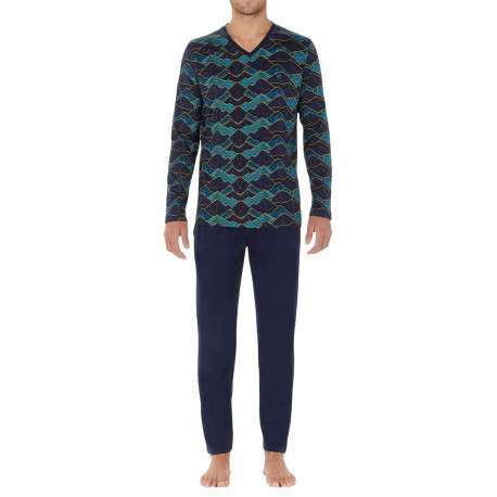 Pyjama long en coton marine avec un imprimé montagne et un col v