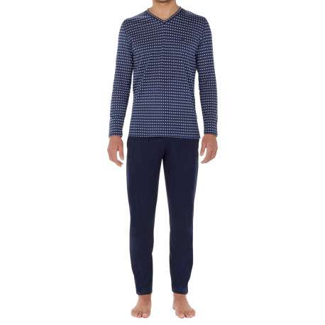 Pyjama long en coton bleu imprimé géométrique avec un col v et une coupe fermée