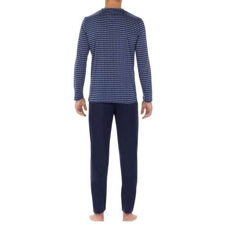 Pyjama long en coton bleu imprimé géométrique avec un col v et une coupe fermée - Image 2