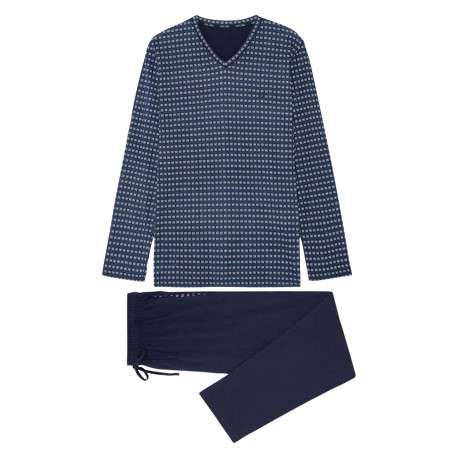 Pyjama long en coton bleu imprimé géométrique avec un col v et une coupe fermée - Image 3
