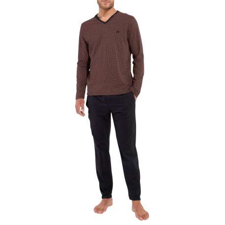 Pyjama long en coton noir imprimé géométrique avec coupe fermée et col v