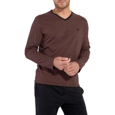 Pyjama long en coton noir imprimé géométrique avec coupe fermée et col v - Image 3