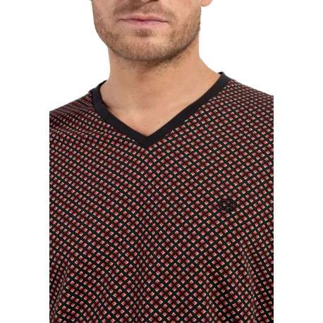 Pyjama long en coton noir imprimé géométrique avec coupe fermée et col v - Image 4