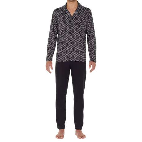 Pyjama long en coton noir imprimé géométrique avec coupe ouverte et col cubain