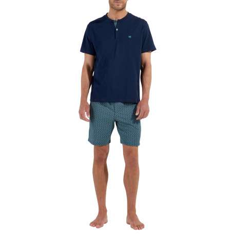 Bresdk Pyjama Homme Été Coton Haut à col Rond et Short Court pour Hommes Vêtements de Nuit Décontractés Deux Pièces Loungewear avec Poches