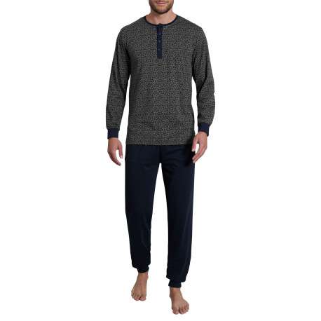 Pyjama long marine tacheté avec une coupe droite et un col tunisien