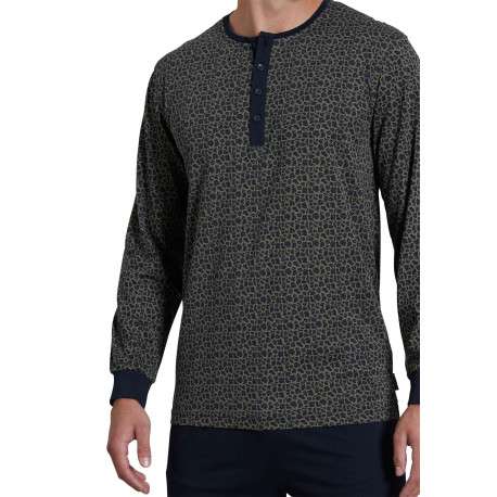 Pyjama long marine tacheté avec une coupe droite et un col tunisien - Image 3
