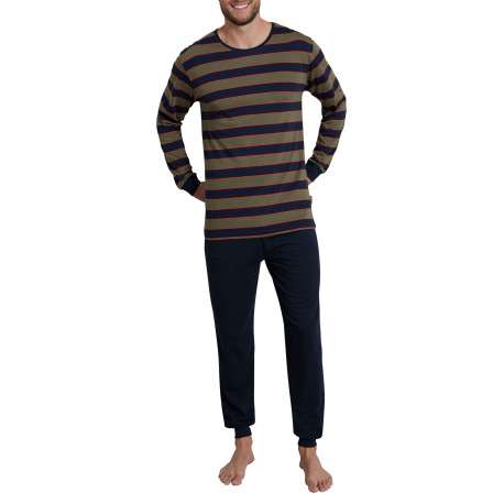 Pyjama long marine rayé avec une coupe droite un col rond et des manches longues
