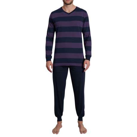 Pyjama long marine rayé avec une coupe droite un col V et des manches longues