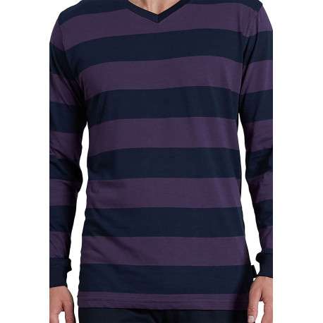 Pyjama long marine rayé avec une coupe droite un col V et des manches longues - Image 3