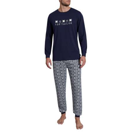 Pyjama long marine imprimé avec une coupe droite et un col rond