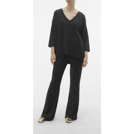 Pantalon noir pailleté avec une coupe bootcut et des surpiqûres ton sur ton
