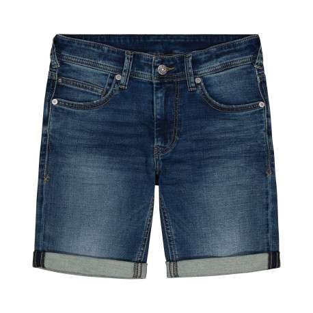 Short en coton indigo délavé avec une coupe droite et des revers