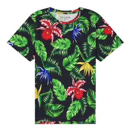T-shirt en coton marine avec un imprimé fleuri une coupe droite et un col rond