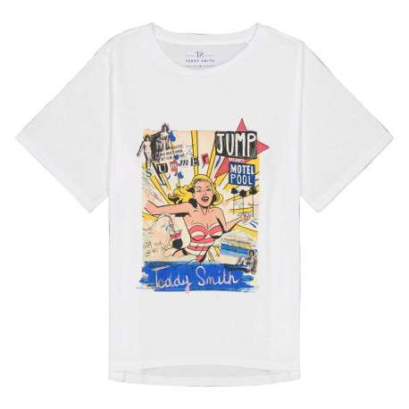 T-shirt en coton blanc imprimé pop art avec une coupe droite et un col rond