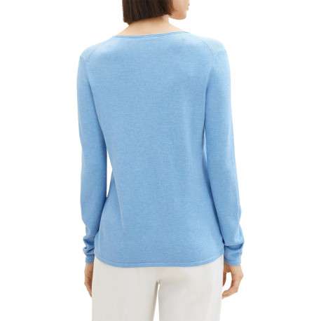 Pull en coton mélangé bleu uni coupe droite avec un col v et extrémité bord côte - Image 7