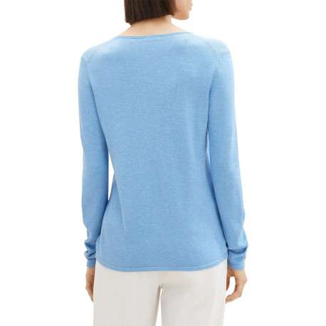 Pull en coton mélangé bleu uni coupe droite avec un col v et extrémité bord côte - Image 8