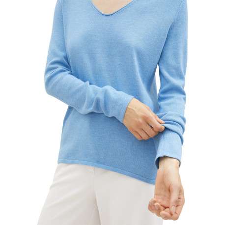 Pull en coton mélangé bleu uni coupe droite avec un col v et extrémité bord côte - Image 10