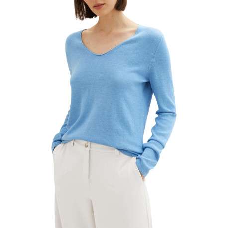 Pull en coton mélangé bleu uni coupe droite avec un col v et extrémité bord côte - Image 12