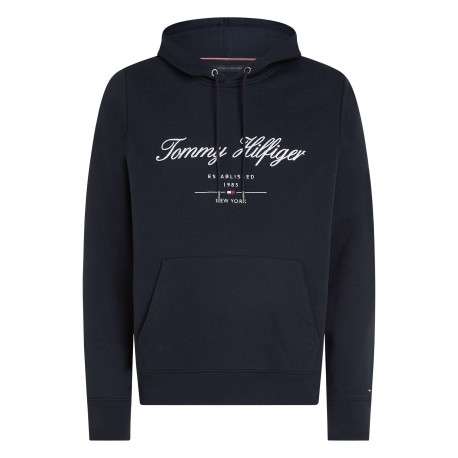 Sweat marine uni coupe droite avec un col à capuche et poche kangourou