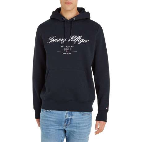 Sweat marine uni coupe droite avec un col à capuche et poche kangourou - Image 5
