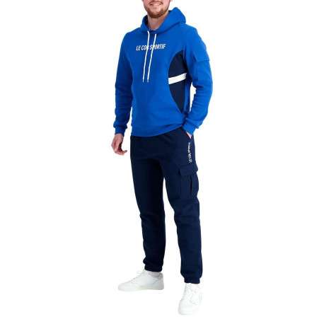 Sweat en coton tricolore bleu marine et blanc avec une coupe droite et à capuche - Image 3