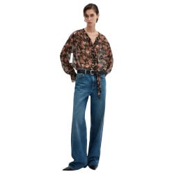 Chemisier noir fleuri avec une coupe droite et un col rond fendu à nouer