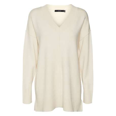 Pull écru uni avec une coupe droite un col v et des manches longues