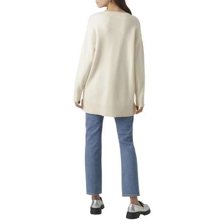 Pull écru uni avec une coupe droite un col v et des manches longues - Image 2