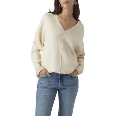Pull écru uni avec une coupe droite un col v et des manches longues - Image 3