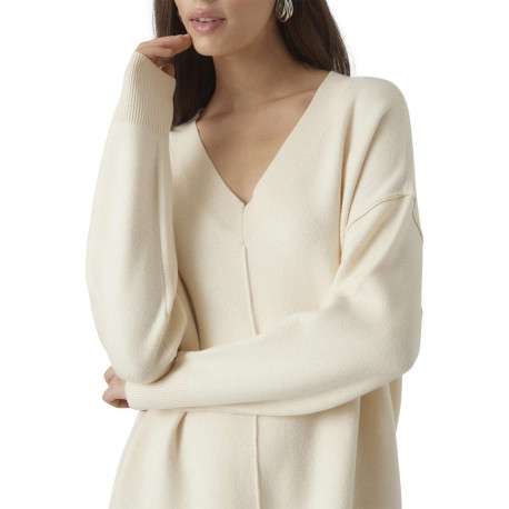 Pull écru uni avec une coupe droite un col v et des manches longues - Image 4