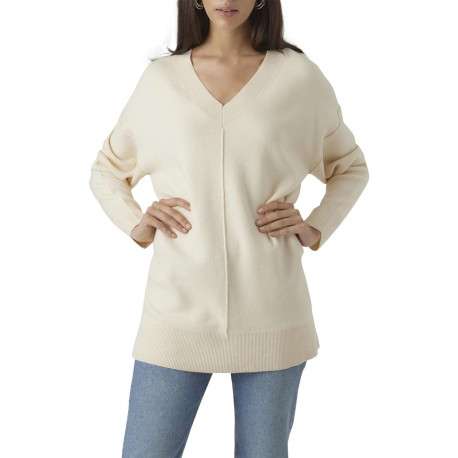 Pull écru uni avec une coupe droite un col v et des manches longues - Image 5
