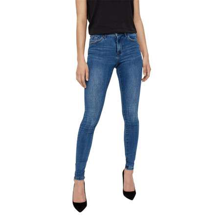 Jean en coton mélangé indigo effet délavé à coupe slim et taille haute - Image 4