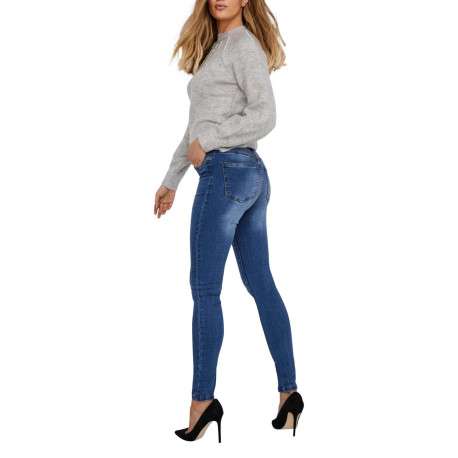 Jean en coton mélangé indigo effet délavé à coupe slim et taille haute - Image 5