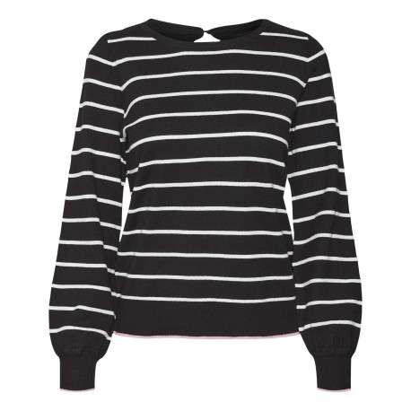 Pull en coton mélangé noir rayé avec une coupe droite et un col ras du cou