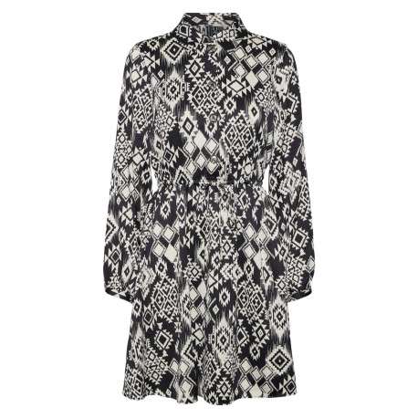 Robe courte noire imprimé aztèque avec une coupe fluide et un col français