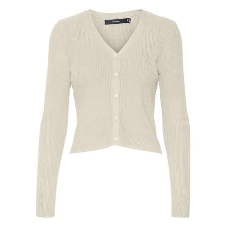 Cardigan boutonné écru côtelé à coupe droite col v et à manches longues