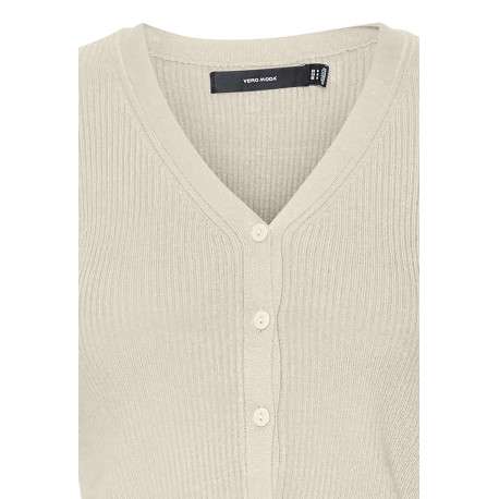 Cardigan boutonné écru côtelé à coupe droite col v et à manches longues - Image 2