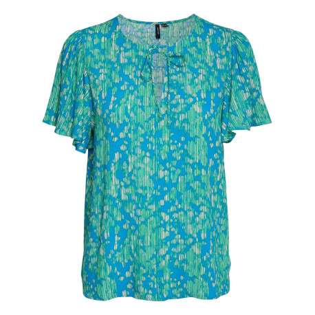 T-shirt bleu imprimé abstrait à coupe droite col v et à manches courtes