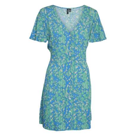 Robe courte bleue mouchetée à coupe ajustée col v et à manches courtes