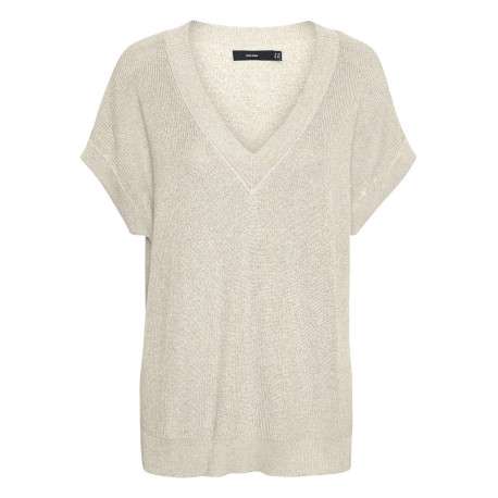 T-shirt écru pailleté à coupe droite col v et à manches courtes