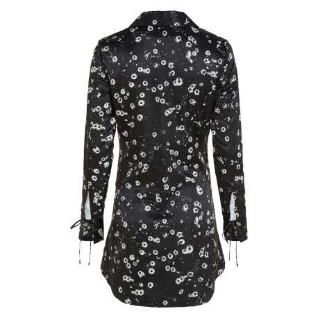 Robe courte noire fleurie avec coupe ajustée col v à revers et à manches longues - Image 8