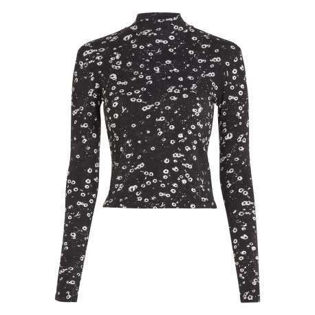 T-shirt en coton noir fleuri avec une coupe près du corps et un col montant