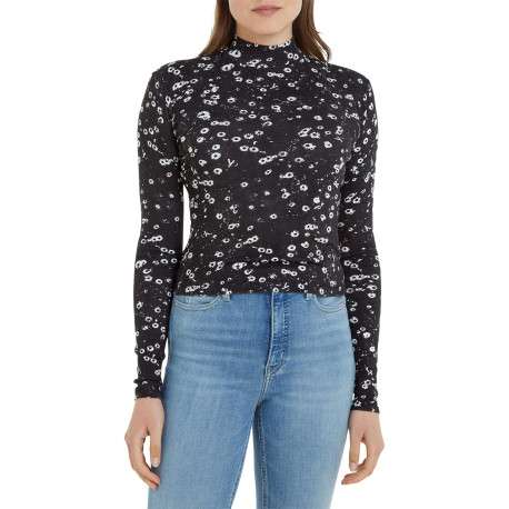 T-shirt en coton noir fleuri avec une coupe près du corps et un col montant - Image 2