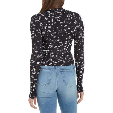 T-shirt en coton noir fleuri avec une coupe près du corps et un col montant - Image 3