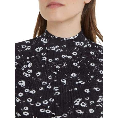 T-shirt en coton noir fleuri avec une coupe près du corps et un col montant - Image 4