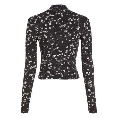T-shirt en coton noir fleuri avec une coupe près du corps et un col montant - Image 6