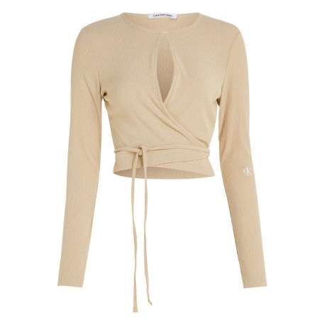 Top beige avec une coupe ajustée un col rond et à manches longues